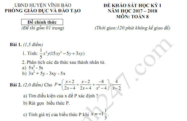 Đề thi kì 1 môn Toán lớp 8 - Phòng GD Vĩnh Bảo năm 2017
