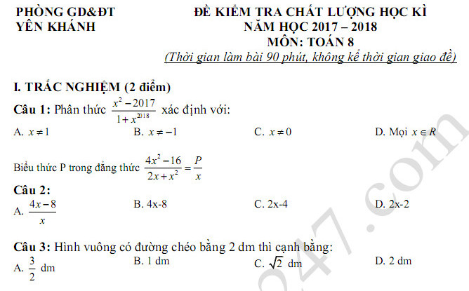 Đề thi kì 1 năm 2017 - 2018 lớp 8 môn Toán - Phòng GD Yên Khánh