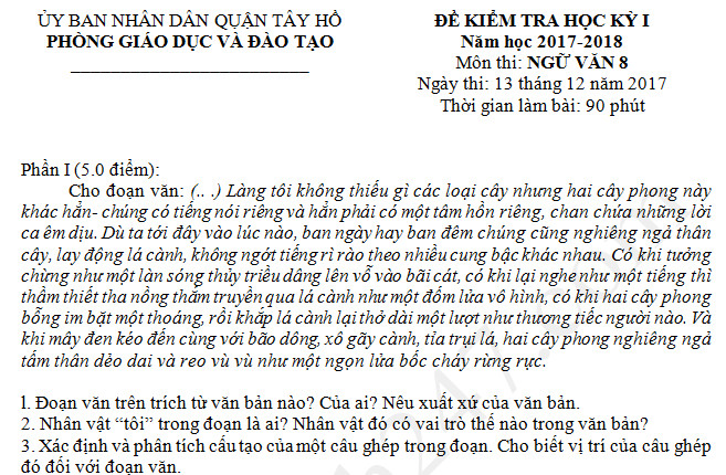 Đề thi kì 1 năm 2017 lớp 8 môn Văn - Quận Tây Hồ, Hà Nội