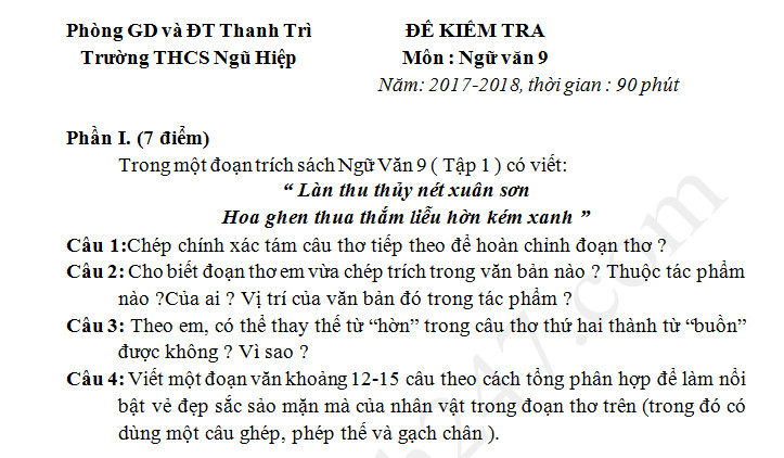 Đề kiểm tra cuối kì 1 lớp 9 môn Văn THCS Ngũ Hiệp năm học 2017 - 2018