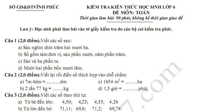 Đề thi học kì 1 môn Toán lớp 6 Sở GD Vĩnh Phúc năm 2017 - 2018