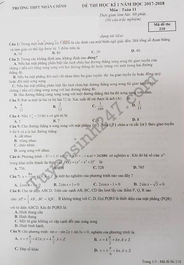 Đề thi kì 1 năm 2017 - 2018 môn Toán lớp 11 THPT Nhân Chính