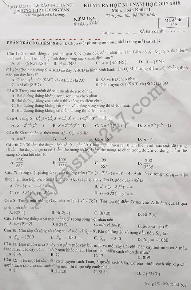 Đề thi học kì 1 lớp 11 môn Toán - THPT Trung Văn năm học 2017 - 2018