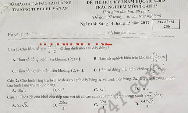 Đề thi cuối kì 1 lớp 12 môn Toán - THPT Chu Văn An 2017 - 2018