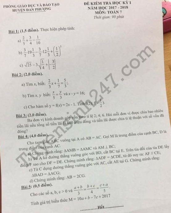 Đề thi kì 1 lớp 7 môn Toán - Phòng GD Đan Phượng năm 2017 - 2018 