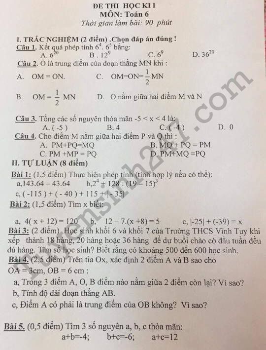 Đề thi học kì 1 lớp 6 môn Toán 2017 - 2018 - THCS Vĩnh Tuy