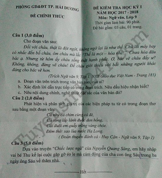 Đề thi kì 1 năm  2017 - 2018 môn Văn lớp 9 Phòng GD Hải Dương