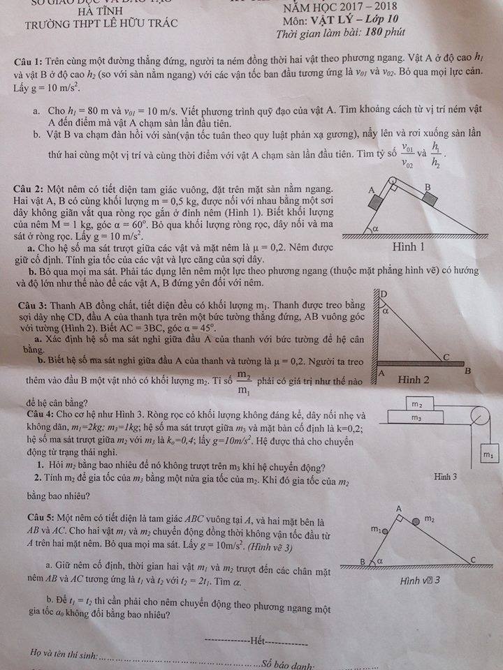 Đề thi kì 1 môn Lý lớp 10 - THPT Lê Hữu Trác năm 2017 - 2018 