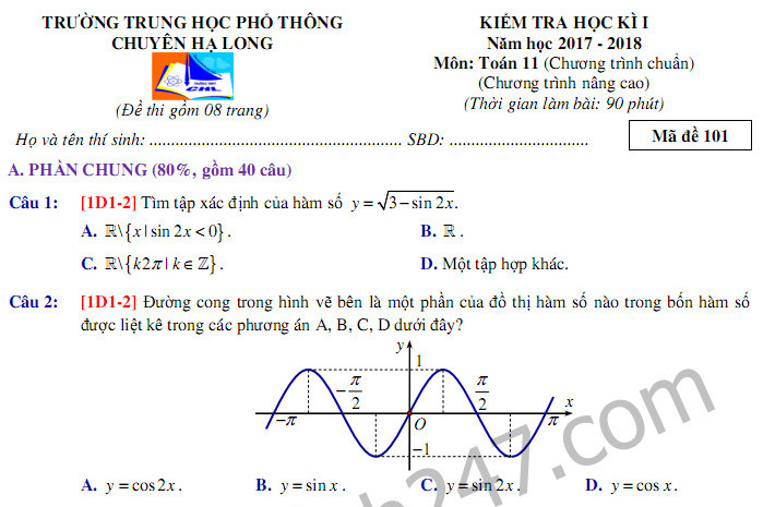 Đáp án đề thi kì 1 lớp 11 môn Toán THPT Chuyên Hạ Long 2017