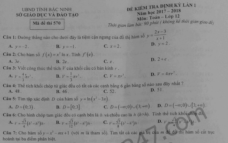 Đề thi học kì 1 lớp 12 môn Toán 2017-2018 - Sở GD Bắc Ninh