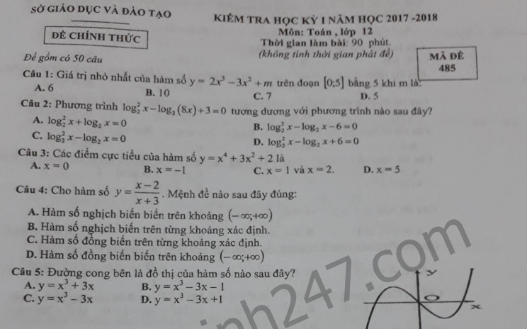 Đề thi kì 1 lớp 12 môn Toán - Sở GD Bình Dương 2017 - 2018