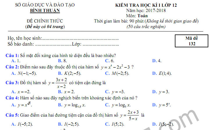 Đáp án đề thi kì 1 năm 2017 môn Toán lớp 12 Sở GD Bình Thuận