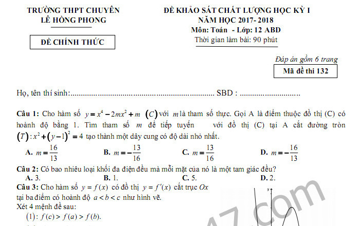 Đề thi kì 1 lớp 12 môn Toán THPT Chuyên Lê Hồng Phong 2017 - 2018