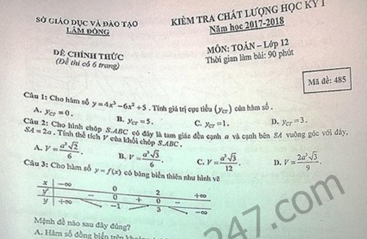 Đề thi kì 1 lớp 12 môn Toán - Sở GD Lâm Đồng 2017 - 2018 có đáp án