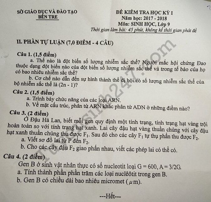 Đề kiểm tra kì 1 môn Sinh lớp 9 - Sở GD Bến Tre 2017 - 2018