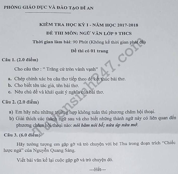 Đề kiểm tra kì 1 lớp 9 môn Văn - Phòng GD Dĩ An năm học 2017 - 2018