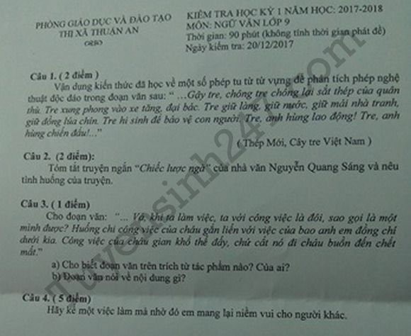 Đề thi học kì 1 lớp 9 môn Văn - Thuận An năm học2017 - 2018