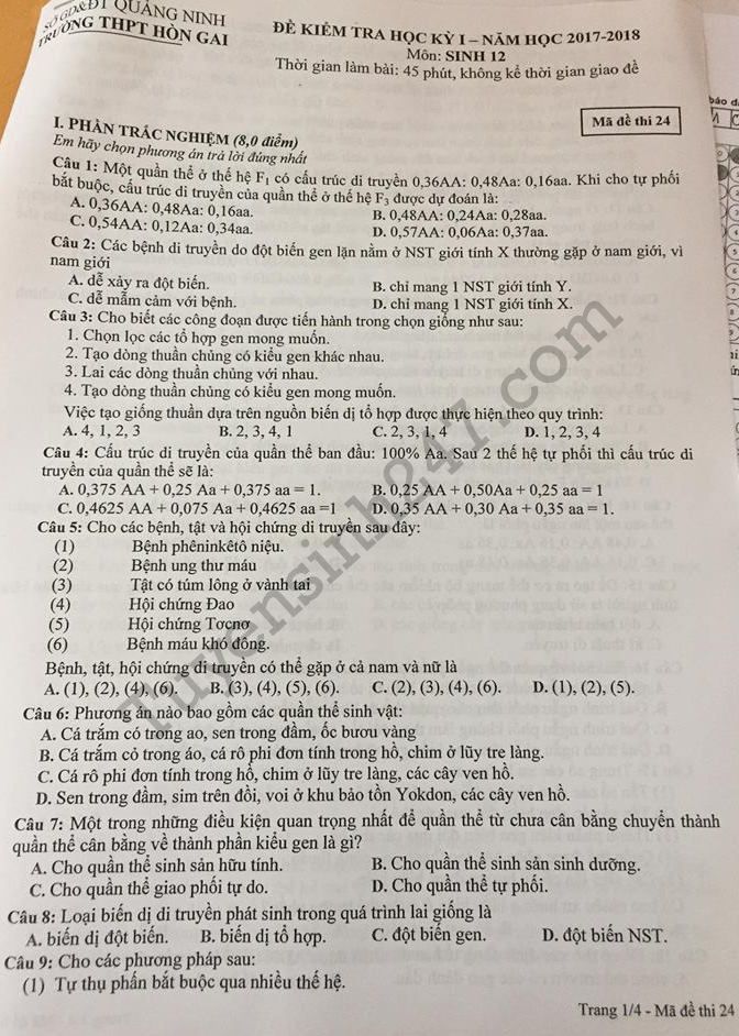 Đề kiểm tra học kì 1 lớp 12 môn Sinh THPT Hòn Gai 2017 - 2018