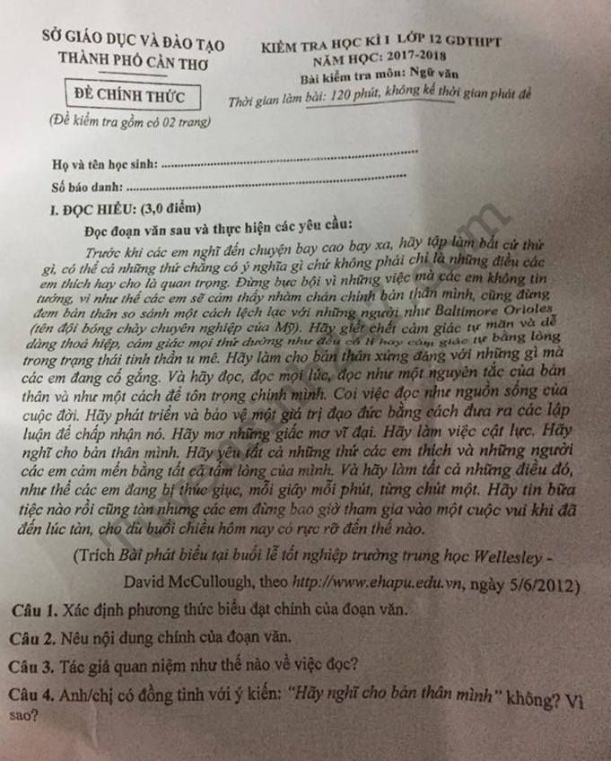 Đề thi kì 1 môn Văn lớp 12 - Sở GD Cần Thơ năm học 2017 - 2018