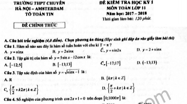 Đề kiểm tra kì 1 lớp 11 môn Toán - THPT Chuyên Amsterdam 2017