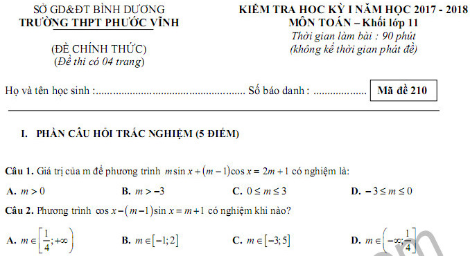 Đề thi học kì 1 lớp 11 môn Toán THPT Phước Vĩnh 2017 - 2018