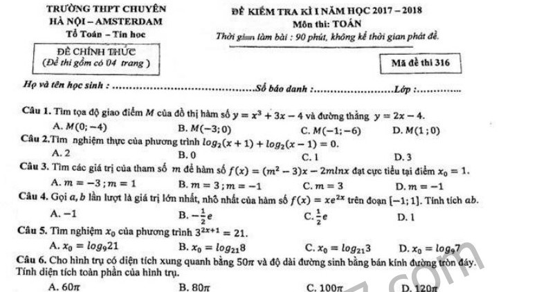 Đề thi kì 1 môn Toán lớp 12 - THPT Chuyên Amsterdam 2017