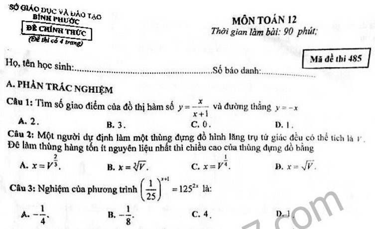 Đề thi kì 1 lớp 12 môn Toán - Sở GD Bình Phước năm 2017 - 2018