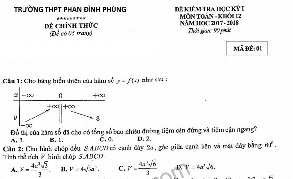 Đề thi kì 1 lớp 12 môn Toán THPT Phan Đình Phùng năm 2017 - 2018