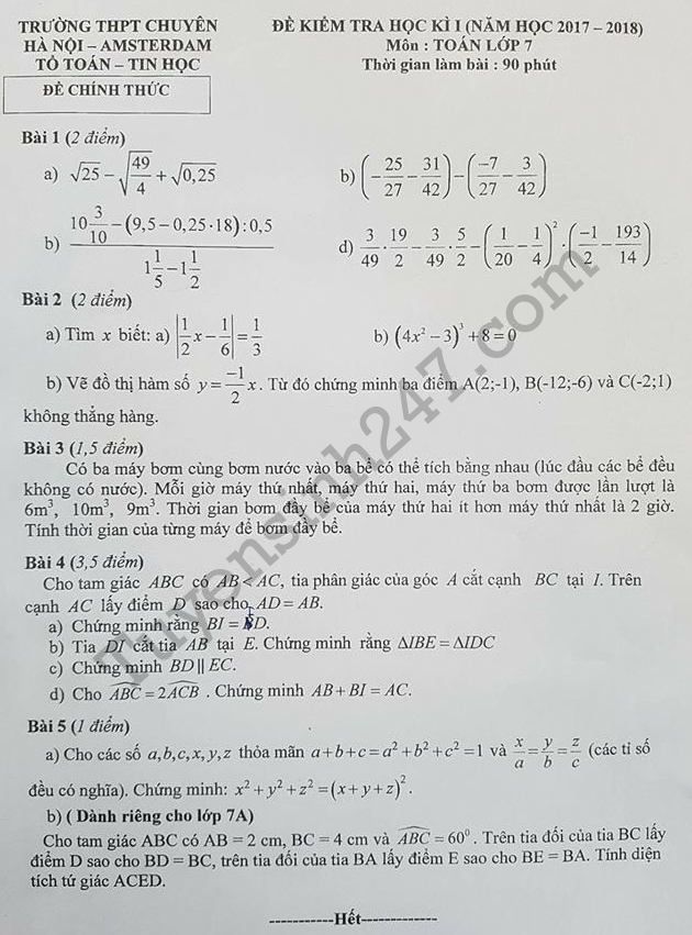 Đề thi kì 1 lớp 7 môn Toán - Chuyên Amsterdam năm 2017 - 2018 