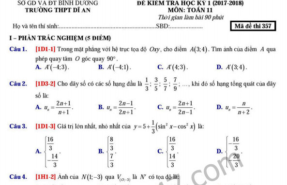 Đề thi kì 1 năm 2017 - 2018 lớp 11 môn Toán - THPT Dĩ An