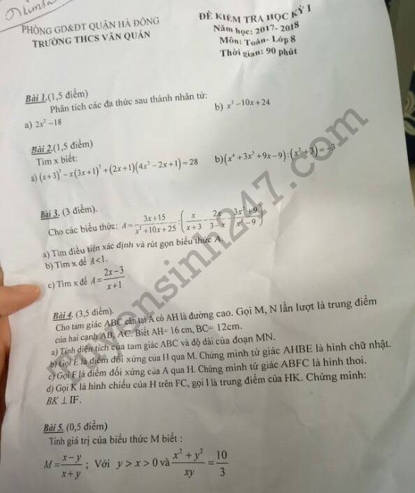 Đề thi học kì 1 năm 2017 môn Toán lớp 8 - trường THCS Văn Quán