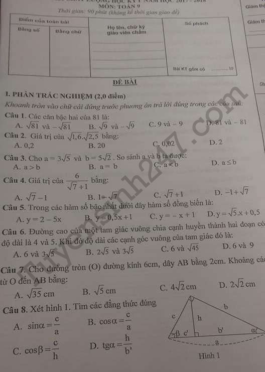 Đề kiểm tra học kì 1 lớp 9 môn Toán năm 2017 - Thái Nguyên