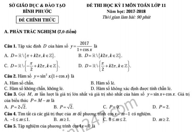 Đề kiểm tra kì 1 lớp 11 môn Toán - Sở GD Bình Phước năm 2017 - 2018