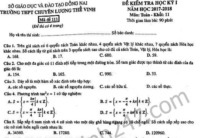 Đề thi kì 1 lớp 11 môn Toán năm 2017 - 2018 THPT Chuyên Lương Thế Vinh