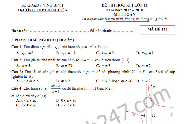 Đề thi học kì 1 năm 2017 lớp 12 môn Toán - THPT Hoa Lư A