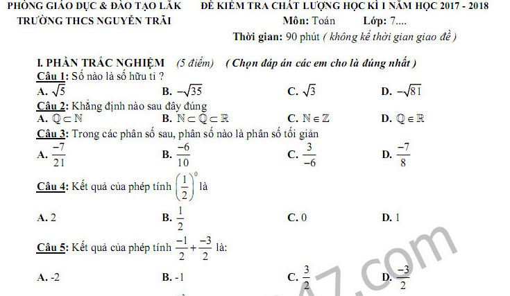 Đề kiểm tra học kì 1 lớp 7 môn Toán THCS Nguyễn Trãi 2017 - 2018