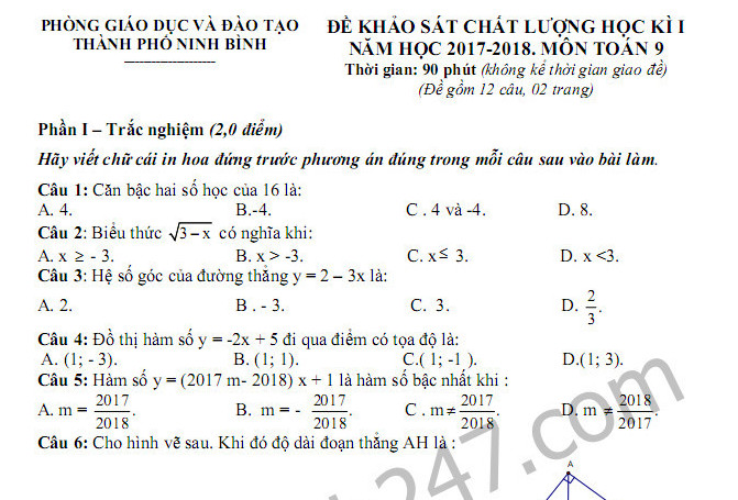 Đề thi kì 1 năm 2017 - 2018 môn Toán lớp 9 - Phòng GD Ninh Bình