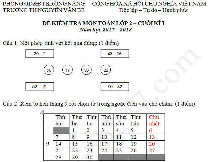 Đề kiểm tra học kì 1 lớp 2 môn Toán năm 2017 - 2018 TH Nguyễn Văn Bé