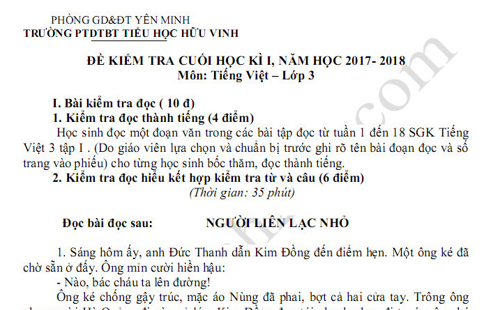 Đề thi cuối kì 1 lớp 3 môn Tiếng Việt TH Hữu Vinh 2017 - 2018