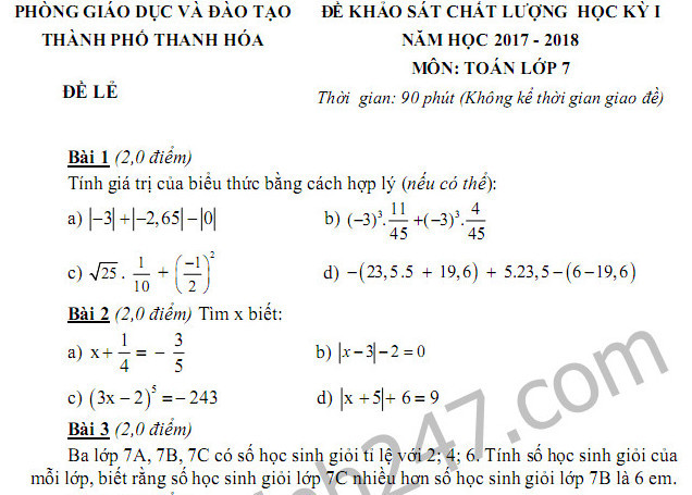 Đề thi kì 1 năm 2017 lớp 7 môn Toán - Phòng GD Thanh Hóa