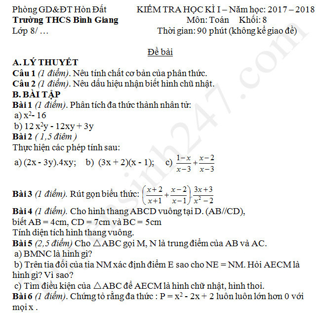 Đề kiểm tra cuối kì 1 môn Toán lớp 8 - THCS Bình Giang năm 2017