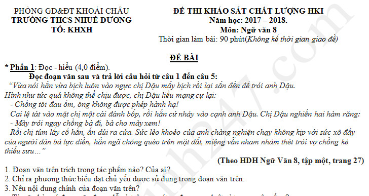 Đề thi kì 1 lớp 8 môn Văn - THCS Nhuế Dương năm 2017 - 2018