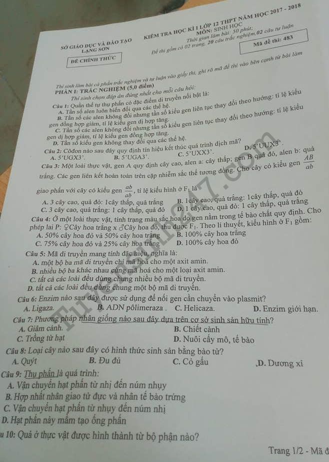 Đề kiểm tra học kì 1 lớp 12 môn Sinh Sở GD Lạng Sơn năm 2017 - 2018