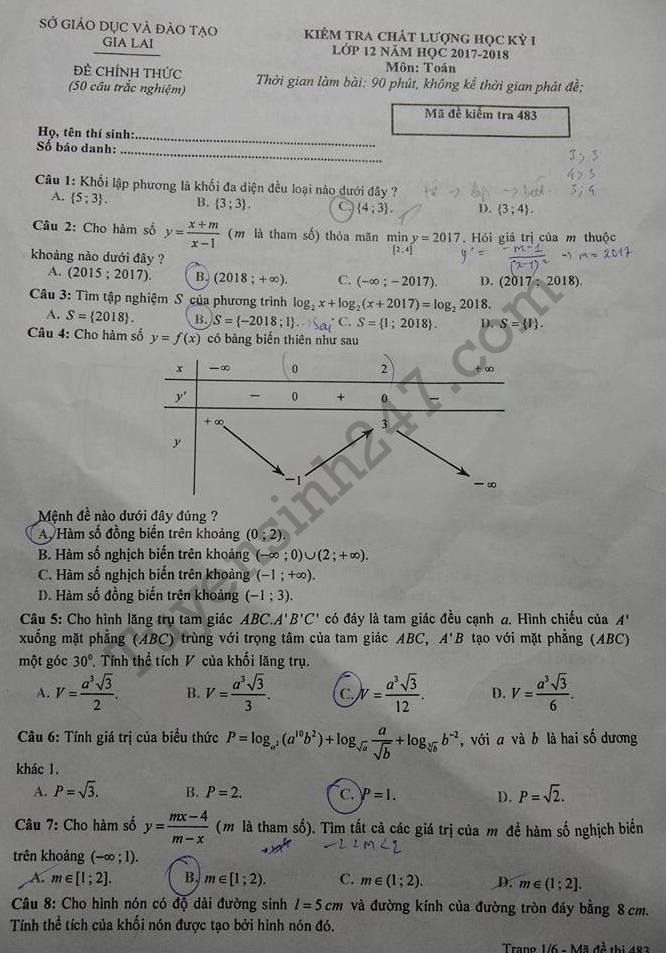 Đề thi kì 1 môn Toán lớp 12 Sở GD Gia Lai năm học 2017 - 2018