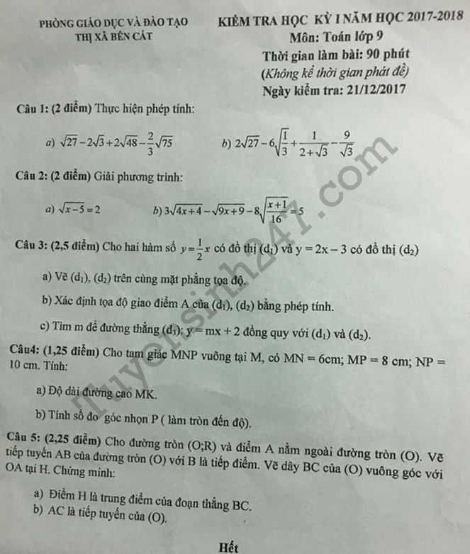 Đề thi học kì 1 lớp 9 môn Toán - Thị xã Bến Cát năm 2017 - 2018