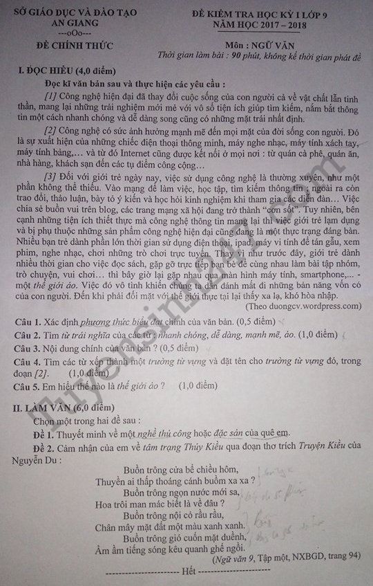 Đề thi kì 1 lớp 9 môn Văn năm 2017 - 2018 - Sở GD An Giang