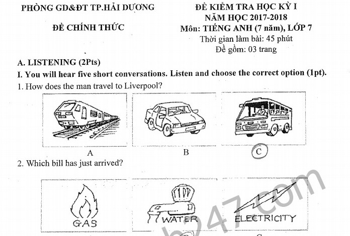Đề thi kì 1 năm 2017 - 2018 lớp 7 môn Anh Phòng GD Hải Dương