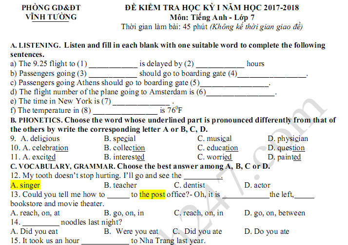 Đề thi kì 1 lớp 7 môn Anh  Phòng GD Vĩnh Tường năm 2017 - 2018