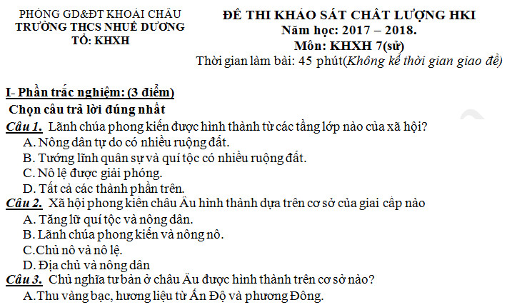 Đề kiểm tra học kì 1 lớp 7 môn Sử THCS Nhuế Dương năm  2017