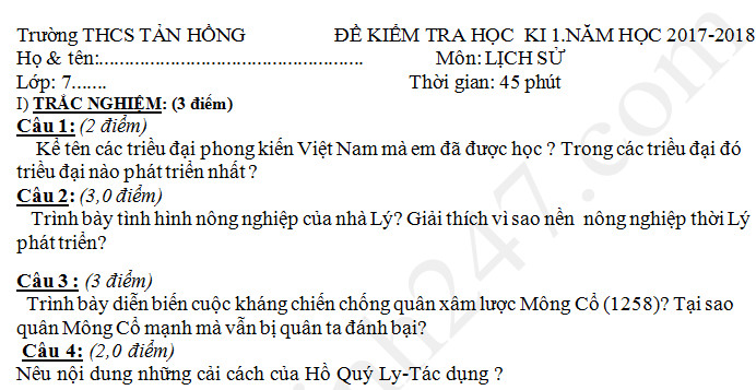 Đề kiểm tra kì 1 lớp 7 môn Sử THCS Tản Hồng năm 2017